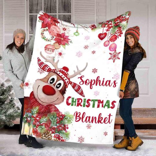 Discover Personalized Reindeer's First Christmas Blanket, Custom Baby Name Blanket, Baby's First Christmas Blanket, Christmas Blanket