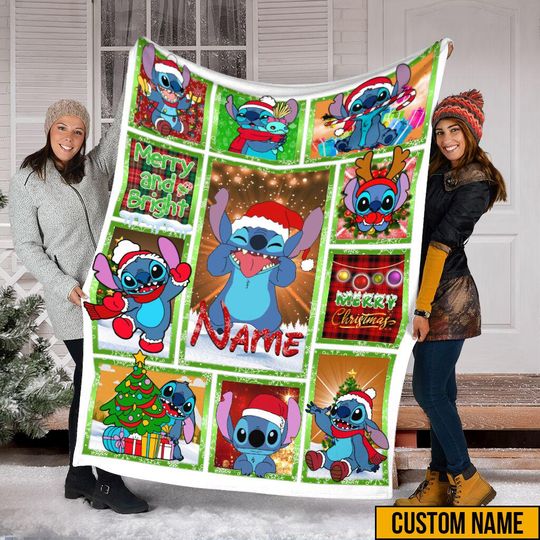 Personalized Name Christmas Stitch Blanket, Christmas Lilo And Stitch Blanket