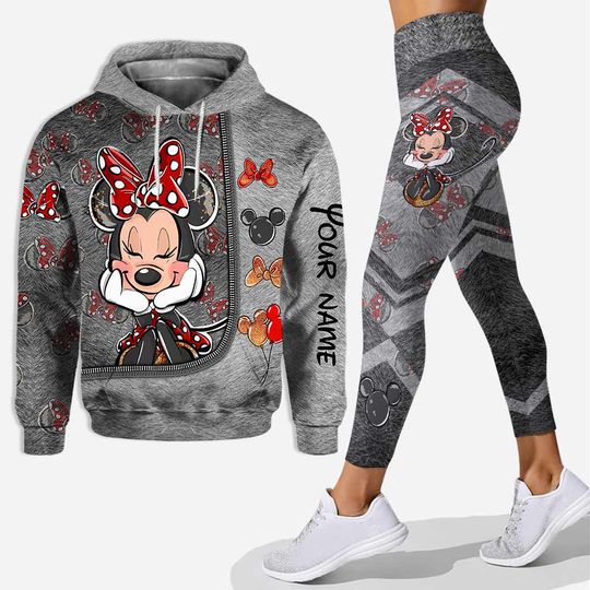 Discover Custom Name Minnie Mouse Hoodie and Leggings Set for Women, Personalized Gray Red Bow Disney Outfit