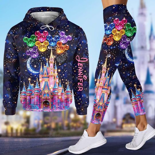 Discover Personalized Disney Castle Hoodie and Leggings Set, Sparkle Night Sky Loungewear for Women