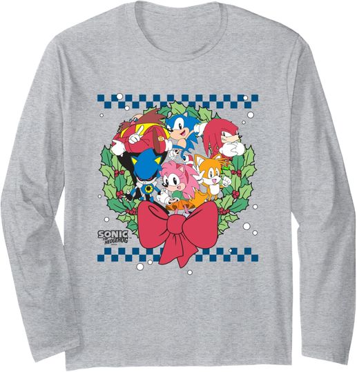 Sonic The Hedgehog Christmas Wreath Group Shot Chest Logo Long Sleeve T-Shirt