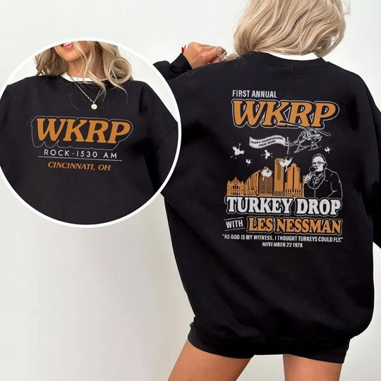 Discover WKRP Turkey Drop Sweatshirt: Funny Thanksgiving Graphic Hoodie