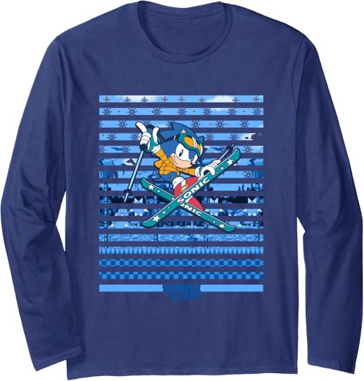 Discover Sonic The Hedgehog Sonic Skiing In Winter Big Chest Poster Long Sleeve T-Shirt