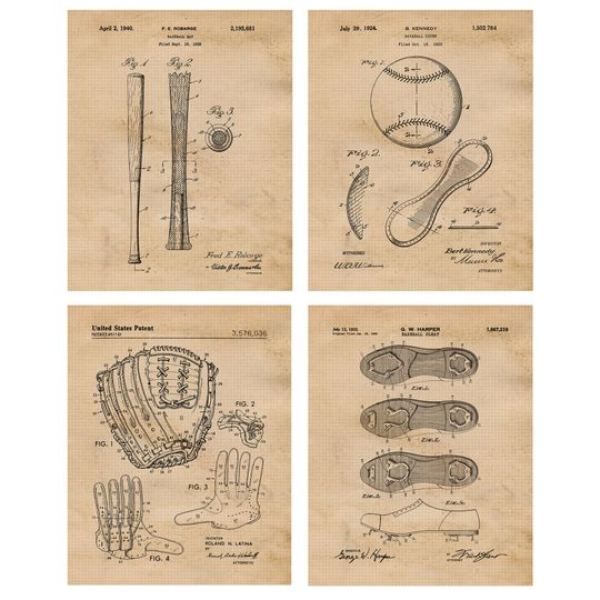 Classic Baseball Patent Print, 4 Unframed Photos, Wall Art Decor Gift for Home Work Garage Shop School Gym Student Teacher Coach Team