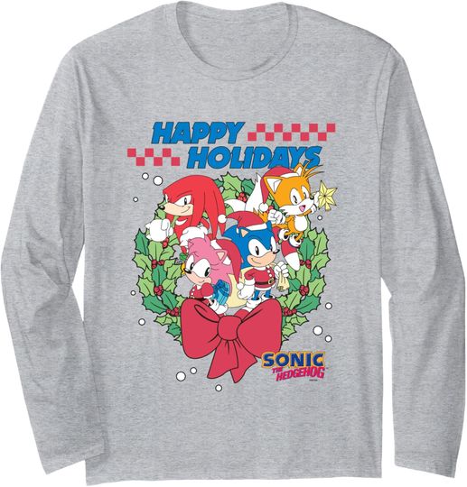 Discover Sonic The Hedgehog Christmas Classic Characters Wreath Long Sleeve T-Shirt