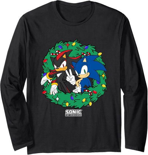 Discover Sonic The Hedgehog Christmas Shadow & Sonic Wreath Long Sleeve T-Shirt