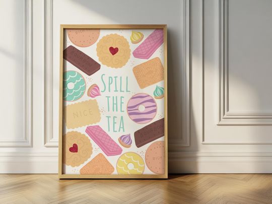Discover Spill The Tea - Cute Traditional English Biscuit Poster Print, Home Decor, Kitchen Wall Art