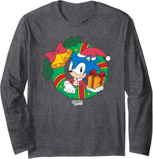 Sonic The Hedgehog Sonic In Christmas Wreath Chest Logo Long Sleeve T-Shirt