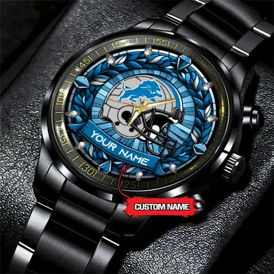 Detroits Team Lions New Stained Glass Art Football Black Stainless Steel Watch