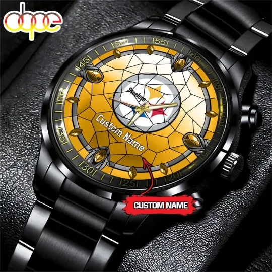 Discover Pittsburgh-Team Steeler Stained Glass Football Black Stainless Steel Watch