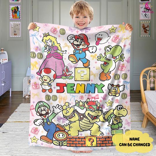 Discover Personalized Coquette Bows Super Mario Blanket, Watercolor Blanket, Mario Luigi Princess Peach Blanket, Mario Blanket, Video Games Merch
