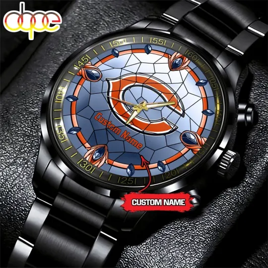Chicagos Team Bears Stained Glass Football Black Stainless Steel Watch