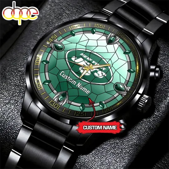 New-Yorks Team Jets Stained Glass Football Black Stainless Steel Watch