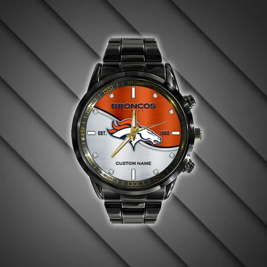 Denvers Team Broncos Football Black Stainless Steel Watch