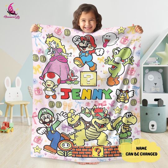 Personalized Coquette Bows Super Mario Blanket, Mario Luigi Princess Peach Blanket