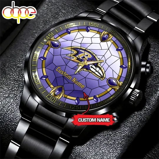 Baltimores Team Ravens Stained Glass Football Black Stainless Steel Watch
