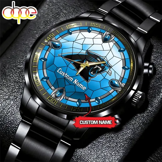 Discover Carolinas Team Panthers Stained Football Black Stainless Steel Watch