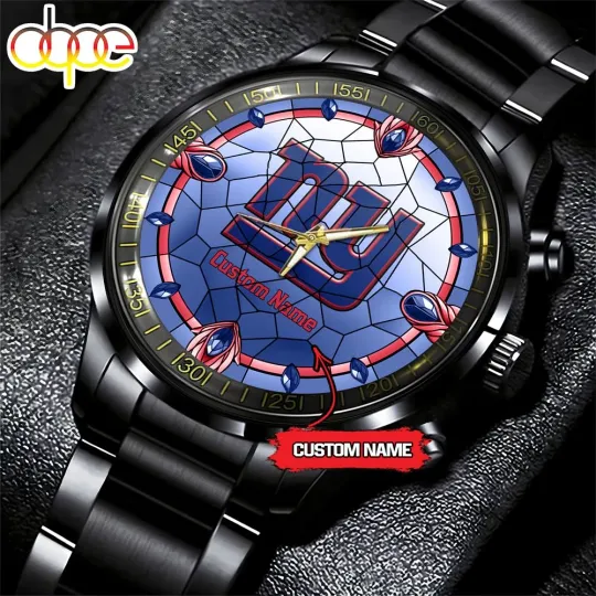 New Yorks Team Giants Stained Glass Football Black Stainless Steel Watch