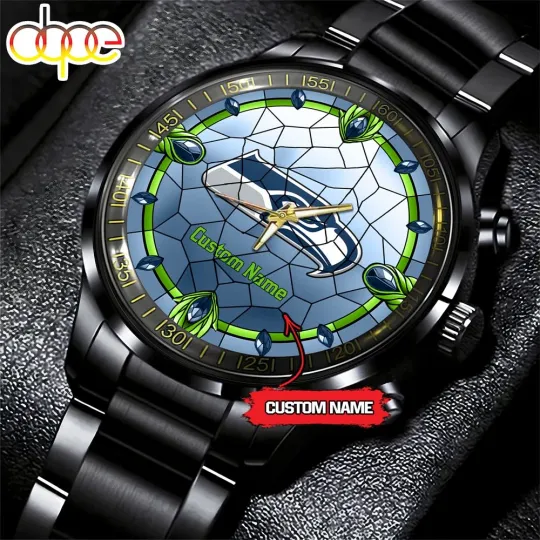 Seatles Team Seahawks Stained Glass Football Black Stainless Steel Watch