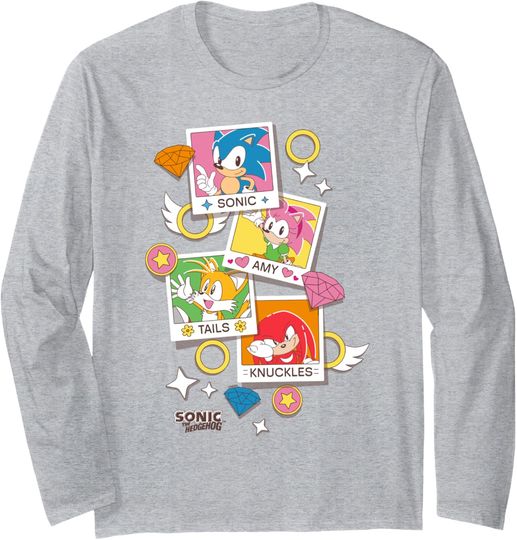 Discover Sonic The Hedgehog Group Shot Polaroids Pics Big Chest Logo Long Sleeve T-Shirt