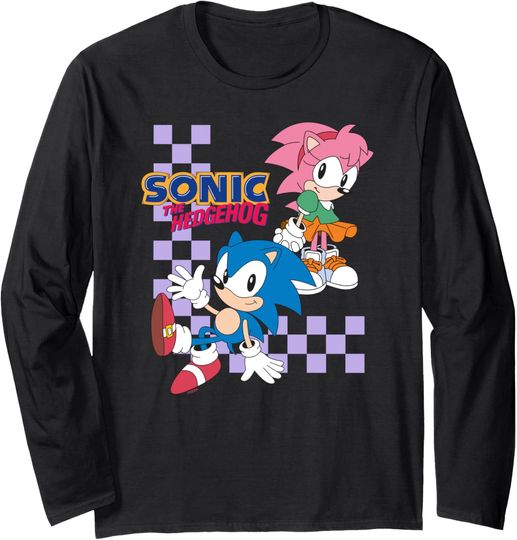 Discover Sonic The Hedgehog Sonic Amy Best Duo Checkers Chest Logo Long Sleeve T-Shirt