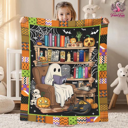 Discover Ghost Reading Book Blanket, Halloween Blanket, Funny Retro Halloween Throw, Vintage Spooky Fall Blanket, Halloween Home Decor