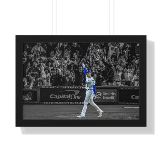 Discover Freddie Freeman Walk Off Grand Slam Photo black and white Framed Picture Ready to Hang Bat in the air World Series MVP photo poster