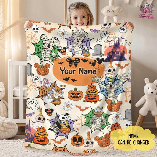Discover Personalized Name Mickey and Friends Halloween Blanket, Mickey Pumpkin Blanket, Custom Halloween Blanket, Cozy Fall Blanket