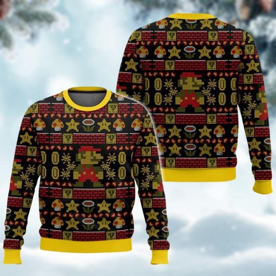 Christmas Super Mario 3D Sweater, Video Game Xmas Ugly Sweatshirt, Mario Bros Holiday Pullover