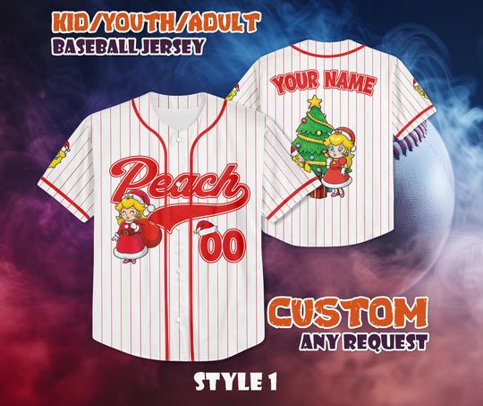 CUSTOM Princess Peach Santa Baseball Jersey, Personalized Peach Christmas Jersey, Mario Nintendo Universal Studio Trip Shirt, Christmas Gift