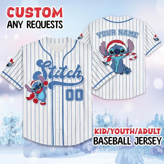 Discover Custom Christmas Stitch Baseball Jersey, Disney Shirt With Name, Lilo & Stitch Cartoon Team Jersey, Disney Christmas Gift For Fans