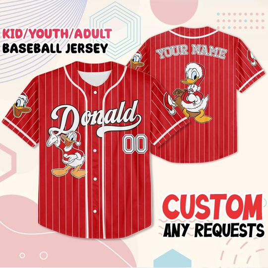 Personalized Donald Duck Baseball Jersey, Custom Holiday Shirt with Name and Number, Kids Youth Adult Sizes, Family Matching Xmas Gift