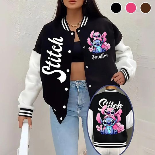 Discover Personalized Stitch Varsity Baseball Jacket for Ohana Means Family, Unisex Cartoon Stitch Angel Shirt