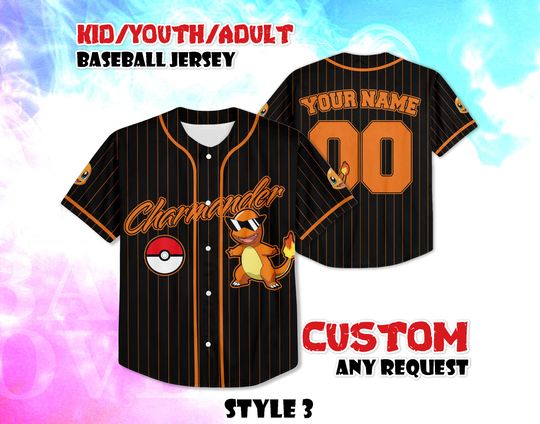 CUSTOM Charmander BaseBall Jersey, Cute Anime Shirt, Personalized Anime Lover, Gift for Fans, Birthday Gifts, Shirt for kids and adults