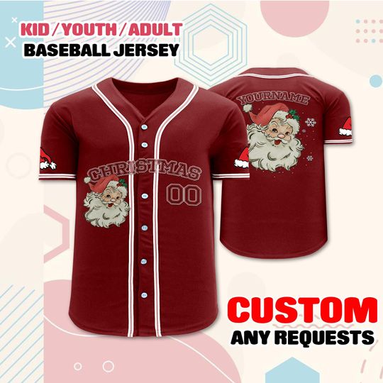 Custom Santa Baseball Jersey, Personalized Christmas Shirt with Name and Number, Kids Youth Adult Sizes, Vintage Holiday Outfit Gift