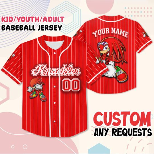 Custom Knuckles Baseball Jersey, Personalized Gamer Shirt with Name and Number, Kids Youth Adult Sizes, Sonic Team Gift, Red Anime Outfit