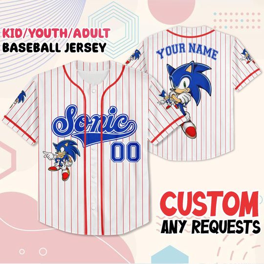 Discover Personalized Sonic Baseball Jersey, Custom Name Number Shirt, Kids Youth Adult Sizes, Sonic Theme Outfit, Gamer Birthday Gift for Fans
