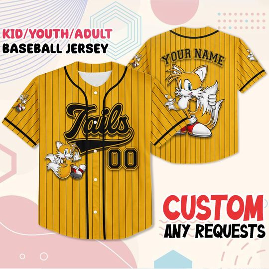 Discover Custom Tails Baseball Jersey, Personalized Gamer Shirt with Name and Number, Kids Youth Adult Sizes, Sonic Fan Outfit, Gift for Boys Girls