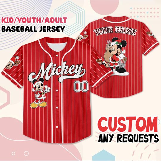 Discover Personalized Mickey Baseball Jersey, Custom Christmas Shirt with Name and Number, Kids Youth Adult Sizes, Family Holiday Outfit Gift
