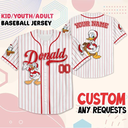 Discover Custom Donald Duck Baseball Jersey, Personalized Christmas Shirt with Name Number, Kids Youth Adult Sizes, Family Holiday Outfit Gift