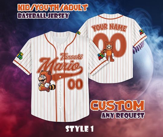 CUSTOM Tanooki Mario Baseball Jersey, Personalized Tanooki Super Mario Jersey, Mario Nintendo Universal Studio Trip Shirt, Birthday Gifts