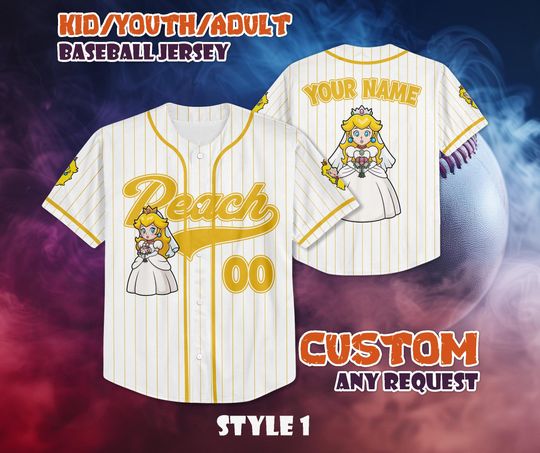 CUSTOM Princess Peach Wedding Baseball Jersey, Personalized Super Mario Jersey, Mario Nintendo Universal Studio Trip Shirt, Wedding Gifts