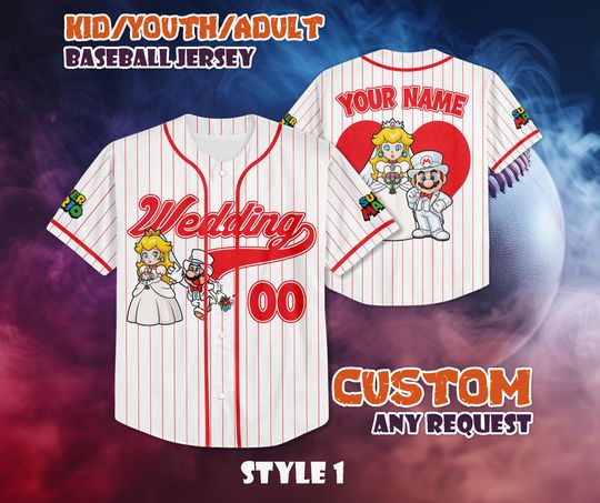 Discover CUSTOM Mario & Peach Wedding Baseball Jersey, Super Mario Baseball Shirt, Personalized Super Mario Couples Jersey, Wedding Gifts