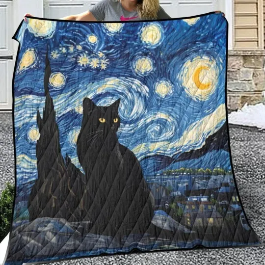 Discover Starry Night Black Cat Quilt Blanket, Whimsical Blanket, Celestial Cat Van Gogh