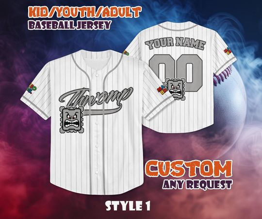 Discover CUSTOM Thwomp Baseball Jersey, Super Mario Baseball Shirt, Personalized Thwomp Jersey, Thwomp Fan Gifts, Birthday Gifts