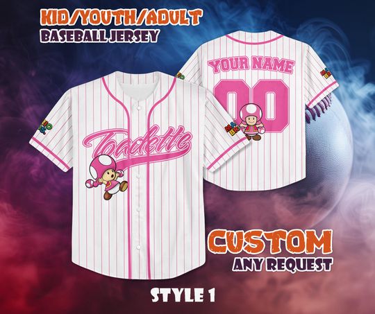 Discover CUSTOM Toadette Mushroom Kingdom Baseball Jersey, Personalized Toadette Mushroom Jersey, Mario Nintendo Universal Studio Trip Shirt