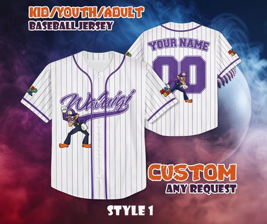 CUSTOM Waluigi Baseball Jersey, Personalized Waluigi Super Mario Jersey, Mario Nintendo Universal Studio Trip Shirt, Birthday Gifts