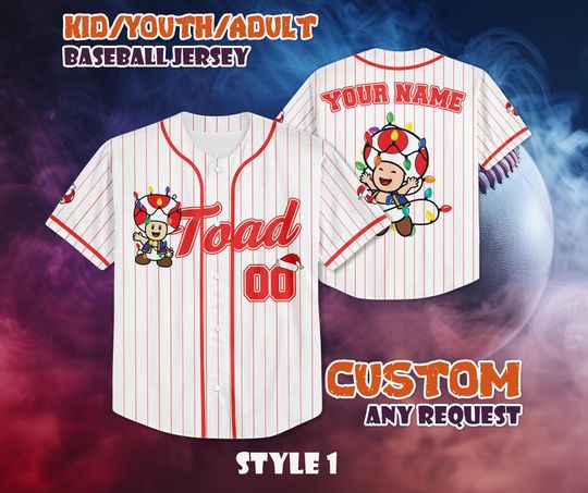CUSTOM Toad Mushroom Christmas Baseball Jersey, Personalized Toad Mushroom Christmas Jersey, Mario Nintendo Universal Studio Trip Shirt