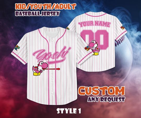 CUSTOM Pink Yoshi Baseball Jersey, Personalized Pink Yoshi Jersey Shirt, Mario Nintendo Universal Studio Trip Shirt, Birthday Gifts