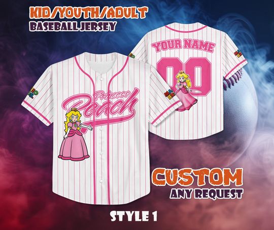 CUSTOM Princess Peach Baseball Jersey, Super Mario Baseball Shirt, Personalized Princess Peach Jersey, Peach Fan Gifts, Birthday Gifts